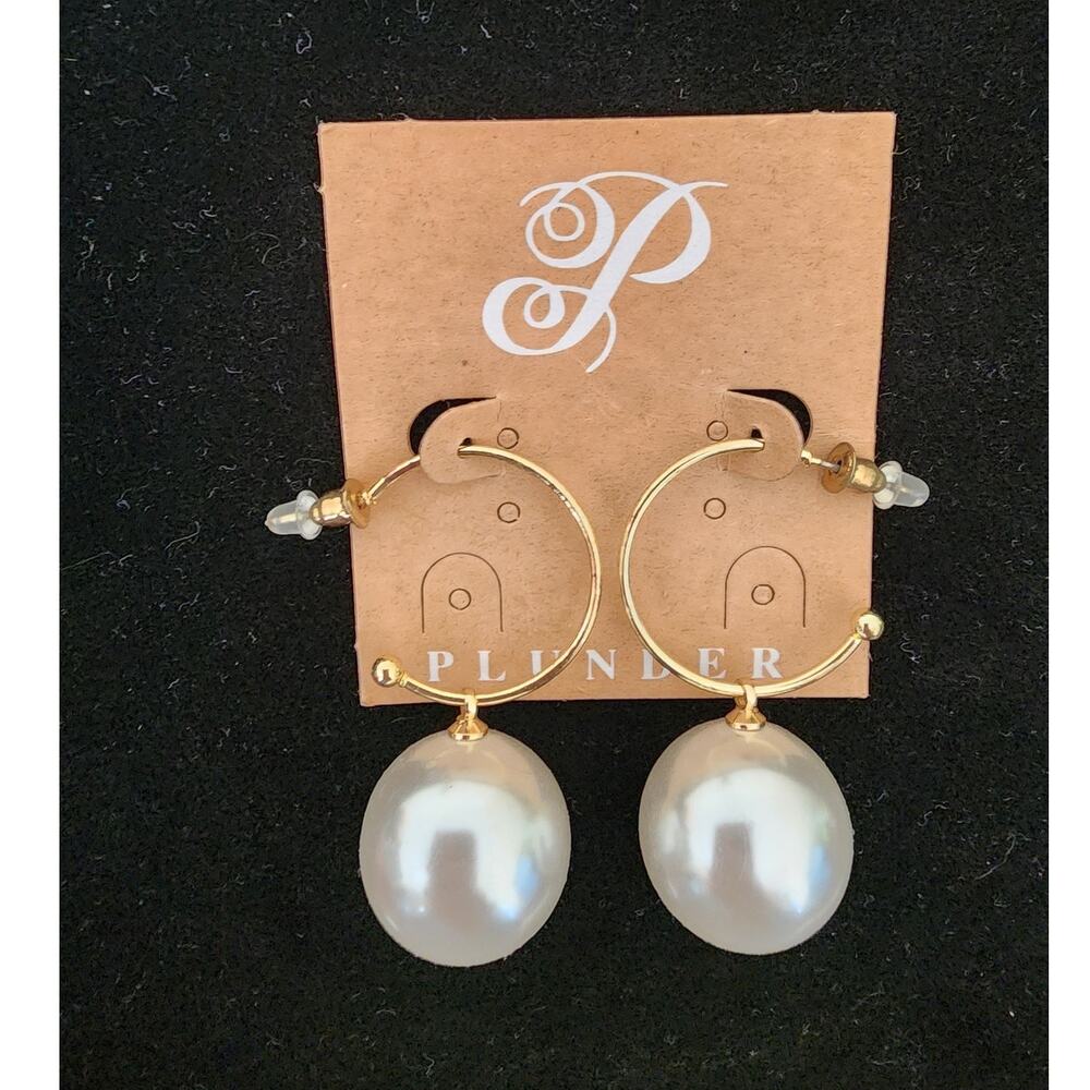Plunder Design "Karleen" Gold-Tone Metal Imitation Pearl Drop Dangle Hoops
